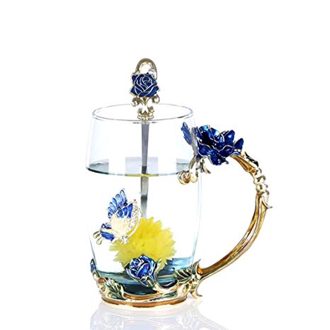 Tea Cup Coffee Mug Cups, 2018 Handmade Butterfly Rose,12 oz (Blue Rose) Ideal for Friend Wedding Anniversary Birthday Presents