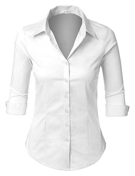LE3NO Womens Roll Up 3/4 Sleeve Button Down Shirt with Stretch