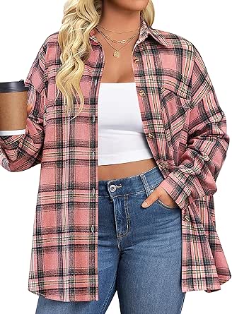 IN'VOLAND Womens Plus Size Flannel Plaid Shirts Roll Up Long Sleeve Casual Collared Button Down Shirt Loose Blouse Top