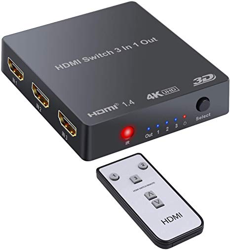 4K HDMI Switcher HDMI Switch 3 In 1 Out with Remote Support HDMI 4K 3D Converter Compatible with DVD PS3 PS4 TV