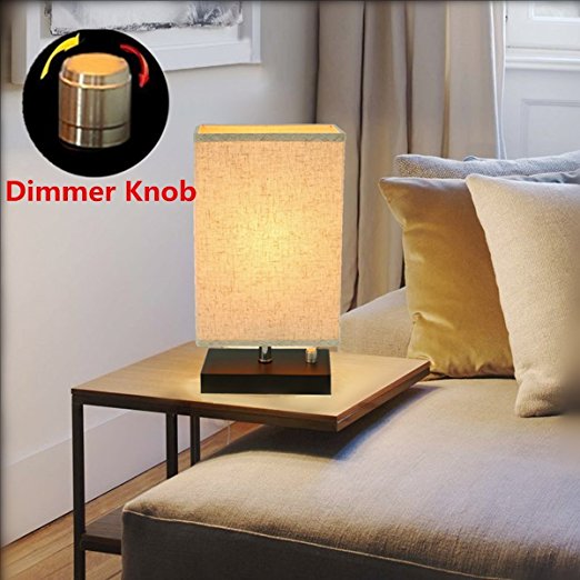 Bedside Table Lamp, KINGSO Dimmable UL Listed Plug In Table Lamp With Dimmer Knob Switch E26 Minimalist Nightstand Lamp Fabric Shade Solid Wooden Base For Bedroom Dresser Living Room Foyer