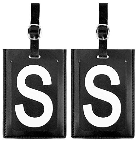Personalized Leather Luggage Tags (Matching Set of 2): High-Contrast Debossed Initial S – Flexible Custom Travel Tags w/Extra Address Cards & Privacy Flap to Protect Personal Information (2-pack, S)
