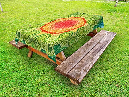 Ambesonne Ethnic Outdoor Tablecloth, Mandala Tie Dye Effect Design Flower Children Kids Children Inspired, Decorative Washable Picnic Table Cloth, 58" X 120", Blue Red