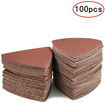 3-1/8" Sanding Paper 80mm Triangular Hook & Loop Triangle Sandpaper Fit 3-1/8 Inch Oscillating Multi Tool Sanding Pad Assorted Grit 60/80/120/240 Grits Pack of 100 Pcs