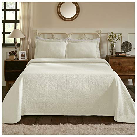 Superior 100% Cotton Medallion Bedspread with Shams, All-Season Premium Cotton Matelassé Jacquard Bedding, Quilted-look Floral Medallion Pattern - Full, Ivory