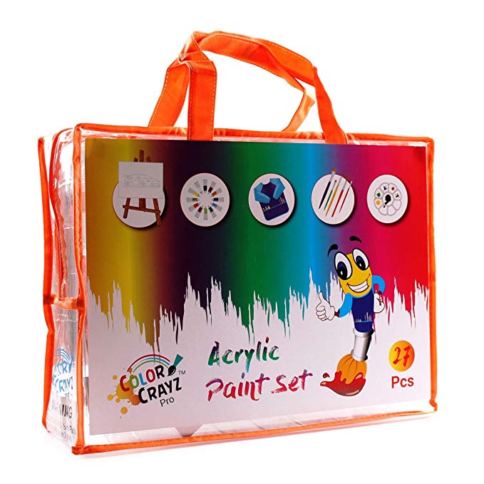 ColorCrayz Kids Painting Art Set | 27-Piece Complete Paint Kit with 12 Colors Acrylic Paint, Brushes 8x10 Canvas Easel, Kids Apron Smock