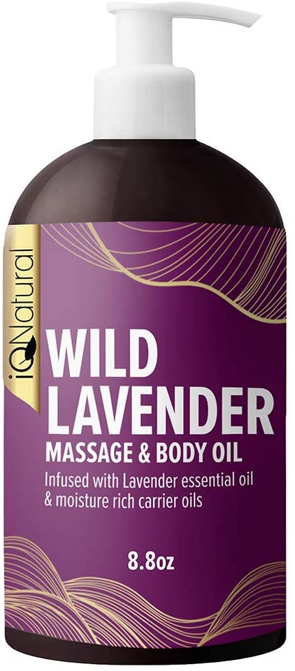 IQ NATURAL Lavender Massage Oil Infused with Real Lavender Essential Oil, Relaxing Blend of Almond & Grapeseed Oils For Massage - For Massage Therapy & Aromatherapy - 8.8 fl oz
