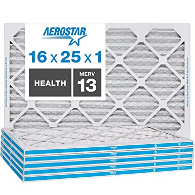 Aerostar Home Max 16x25x1 MERV 13 Pleated Air Filter, Made in the USA, Captures Virus Particles, 6-Pack