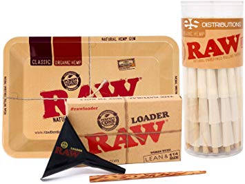 RAW Organic 1 1/4 Pre-Rolled Cones with Filter Tips - Bundle (75 Pack with Mini Rolling Tray and Lean Loader)