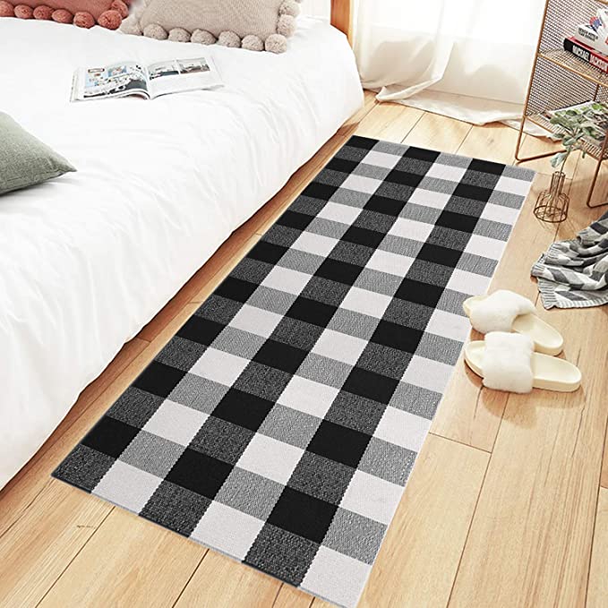 MUBIN Buffalo Plaid Check Runner Rug Reversible 2 x 6 ft Cotton Black and White Checkered Washable Rug for Kitchen/Laundry/Bedroom/Bathroom/Entry (2’ x 6’, Black&White)