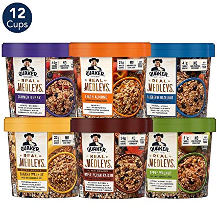 Quaker Real Medleys Oatmeal , 6 Flavor Variety Pack, Oatmeal Cups, 12 Count