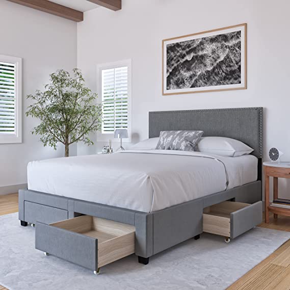 DG Casa Lucas Upholstered Platform Bed Frame with Storage Drawers Nailhead Trim Headboard and Full Wooden Slats, Box Spring Not Required - King Size in Gray Fabric