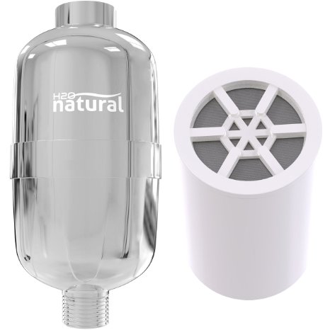 Shower Filter by H2O Natural - High Output Chlorine Removing Showerhead Filtration System & Water Softener Purifier - Replaceable Cartridge with KDF & Activated Carbon - Chrome