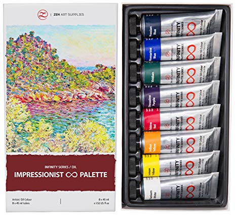 ZenART’s IMPRESSIONIST Palette Oil Paint Set – with Vibrant Jewel Colours from the Infinity Series of Professional Artists’ Oil Colours, Non-toxic, Lightfast, High Pigment Load, 8 (1.52 fl oz) Tubes