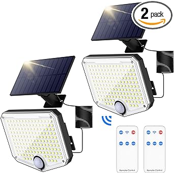 MoKo Motion Sensor Outdoor Lights - 222 LED Super Bright Solar Lights Outdoor with Remote Control & 16.4 Ft Cable 3000mah Waterproof Flood Lights Outdoor for Wall Patio Yard Garage Garden, 2 Pack