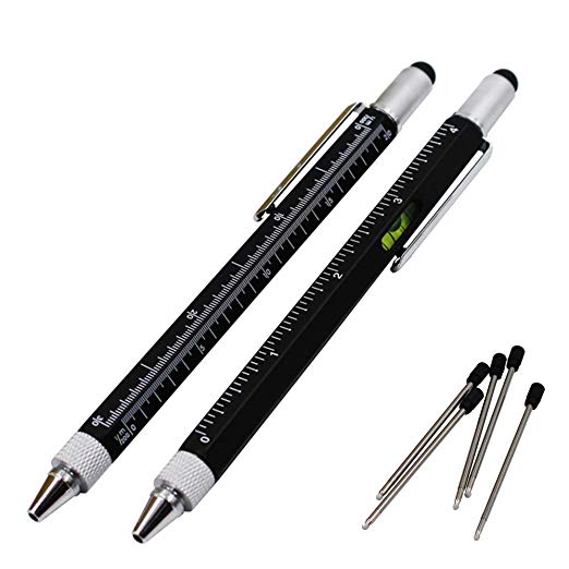 2PCS PACK 6 in 1 Multifunction Tool pen - Includes 1 Ballpoint Pen, Universal Stylus tip, Ruler, 2 kinds Screwdrivers, Gradienter - Multifunction Writing Instruments (Black)