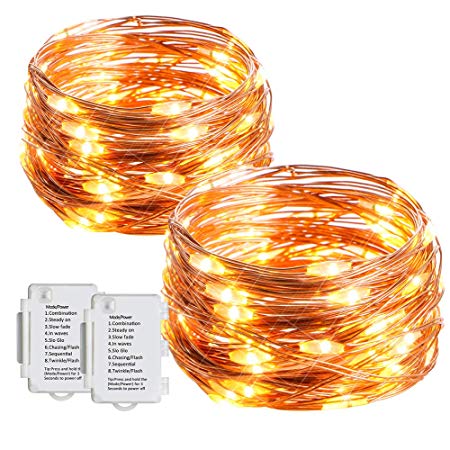 Outdoor String Lights Battery Operated 16ft 50 LEDs IP 65 Waterproof Fairy Light 8 Modes Waterproof Decorative Copper Wire Light with timer for Gardens, Yard, Party, Wedding (2 Pack, Warm White)