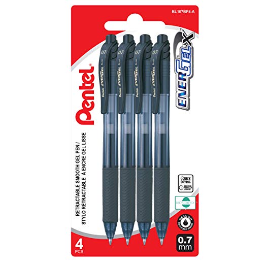 Pentel EnerGel-X Retractable Liquid Gel Pen 0.7mm Medium 0.7mm Metal Tip 4-Pack, Black Ink - BL107BP4-A