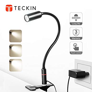 TECKIN Clip on Lamp/LED Reading Light/Desk Lamp /3 Brightness Modes/360 ° Flexible Neck，Touch Control Eye-Care Night Light Perfect for Desk,Computer and Bed Headboard (AC Adapter Included）