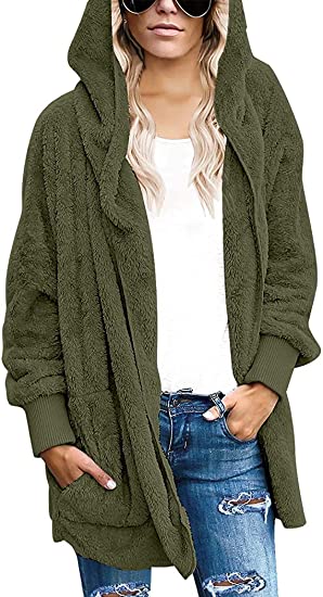 Womens Fuzzy Jacket Sherpa Coat Open Front Hooded Cardigan Outwear with Pockets