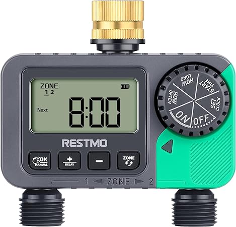 RESTMO 2 Zone Water Timer with Brass Inlet, Programmable Sprinkler Timer for Garden Hose, Automatic Digital Control | Manual ON/Off | Rain Delay, for Outdoor Faucet, Drip Irrigation and Lawn