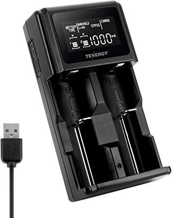 Tenergy TN471U 2-Bay Universal Battery Charger with LCD for Li-ion/NiMH Rechargeable Batteries, Micro USB Input, Portable Charger for Batteries Sizes 18650, 16340, 26650, AA, AAA, and More