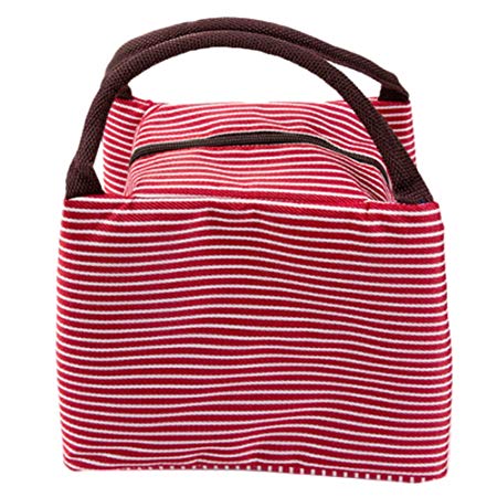 LQZ Stripe Fabric Insulated Red Lunch Bag