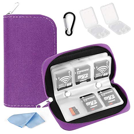 Memory Card Case, WOVTE Portable 8 Pages 22 Slots SD SDHC MMC CF Micro SD Camera Card Holder with 2 Transparent Plastic Storage Boxes , Carabiner and Microfiber Cleaning Cloth (Purple)