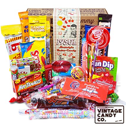 VINTAGE CANDY CO. 1950's RETRO CANDY GIFT BOX - 50s Nostalgia Candies - Throwback FIFTIES Fun Gag Gift Basket - PERFECT '50s Candies For Adults, College Students, Men or Women, Kids, Teens