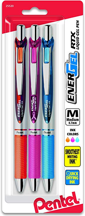 Pentel EnerGel Deluxe RTX Retractable Liquid Gel Pen, Medium Line, Metal Tip, Assorted Ink, 3 Pack (BL77BP3M2)