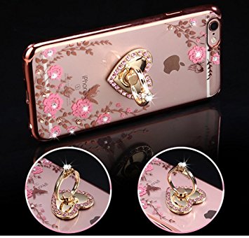 iPhone 7 Plus Case,7 Plus Cover,ikasus Pink Butterfly Flower Glitter Bling Crystal Rhinestone Diamond Clear Rubber Rose Gold Plating Kickstand Soft TPU Bumper Cover Case for iPhone 7 Plus (2016)