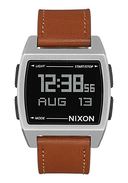 Nixon Base Leather Digital Watch Silver Black with Saddle Band