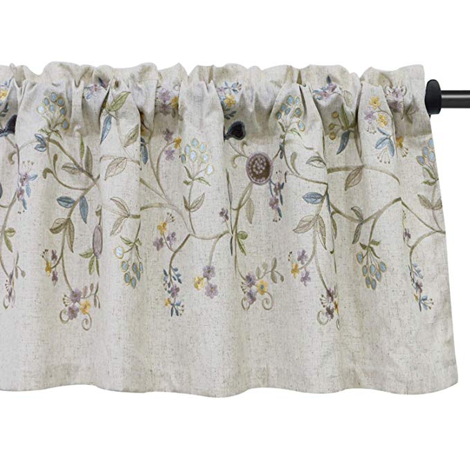 VOGOL Floral Embroidered Pattern Kitchen Valances for Windows, Linen Rod Pocket Curtains Valance for Living Room, 52 Inch Wide by 18 Inch Long, One Panel