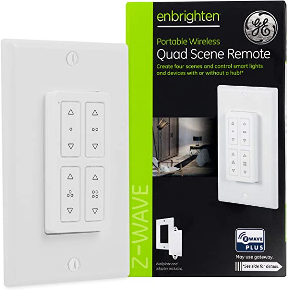 GE Enbrighten 34176 Z-Wave Quad Scene, Portable Wireless Remote, Create One-Touch Control for Zwave Devices Works with or without Hub, White