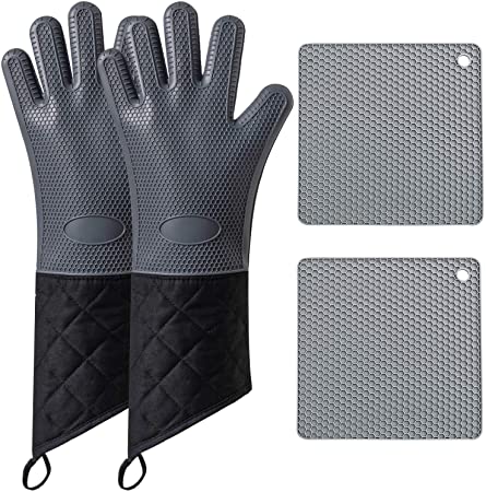 Camkuzon Silicone Oven Mitts and Pot Holders 4-Piece Sets, Extra Long Heat Resistant Oven Gloves Non-Slip Food Grade Kitchen Mitt and Hot Pads for Baking, Cooking, BBQ