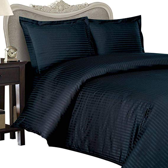 4 Piece LUXURIOUS 1200 Thread Count QUEEN Size Siberian Goose Down Comforter SET 100%&nbsp;EGYPTIAN COTTON, NAVY Stripe&nbsp;Color, 1200 TC - 750FP - 50Oz.