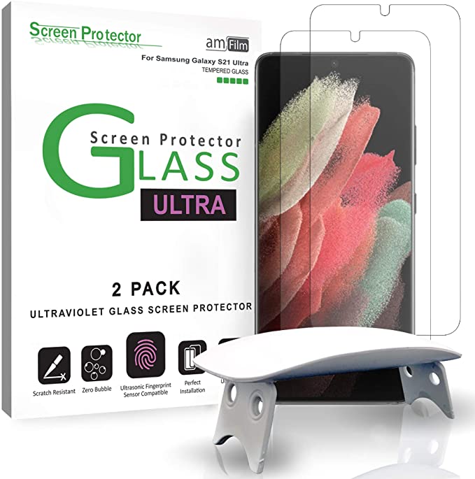 amFilm (2 Pack) Ultra Glass Screen Protector for Samsung Galaxy S21 Ultra (6.8 Inch), Full Cover (UV Gel Application) Tempered Glass Film Compatible with Fingerprint Sensor (2021)