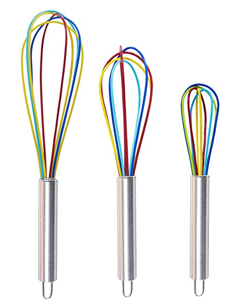 Clearance Sale - Ouddy Colorful Silicone Whisk, Balloon Whisk Set, Wire Whisk, Egg Frother, Milk and Egg Beater Blender - Kitchen Utensils for Blending, Whisking, Beating, Stirring, Set of 3