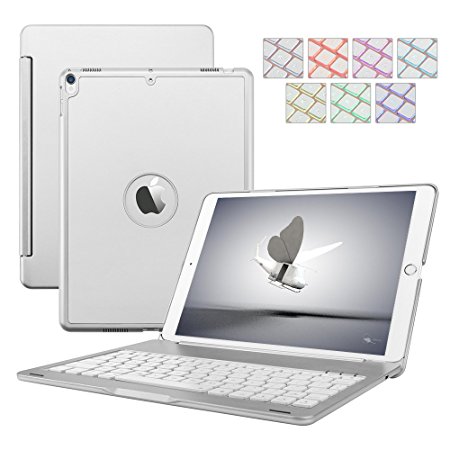 New iPad 9.7 5th Generation/iPad Air Keyboard Case,Dingrich Stylish Bluetooth Keyboard with 7 Color Backlight,Hard Shell Cover,Aluminum Alloy Case for iPad Model: A1822/A1823/A1474/A1475/A1476-Silver