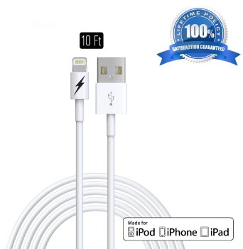10 FT Certified iPhone 5 & 6 Charging Cable Lightning Cord - Genuine Authentication Chip Ensures The Fastest Charge and Sync For Latest iPads iPods & IOS Devices. Lifetime Guarantee!