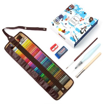 Bianyo Colored Pencils Fine 48 Assorted Water Soluble Colored Pencil Set with Free Pencil Holder,sharpener, Eraser Pencil Extension ,Small Size Water Brush & Blending Brush.