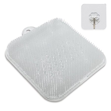 GuanZo Foot Cleaning Mat, Non-Slip Shower Foot Mat, Shower Foot Massager, Scrubber, Machine Washable with Adhesive Hook (Clear, 9.5 x 9.5 Inches)