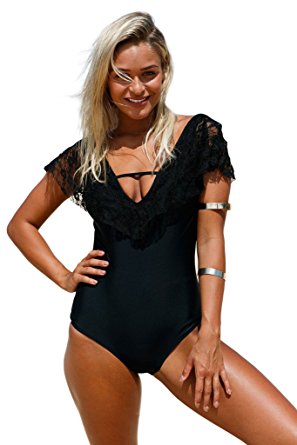 MILAKOO One Piece Swimsuit for Women Lace Ruffle Cap Sleeve Bathing Suit Size S to XXL