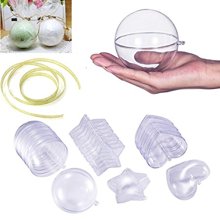 Bath Bomb Molds, Enango DIY Bath Bomb 3 Size with 15 Set Clear Plastic Christmas Ball Ornaments for Party Decorations (8 Star Round Heart)