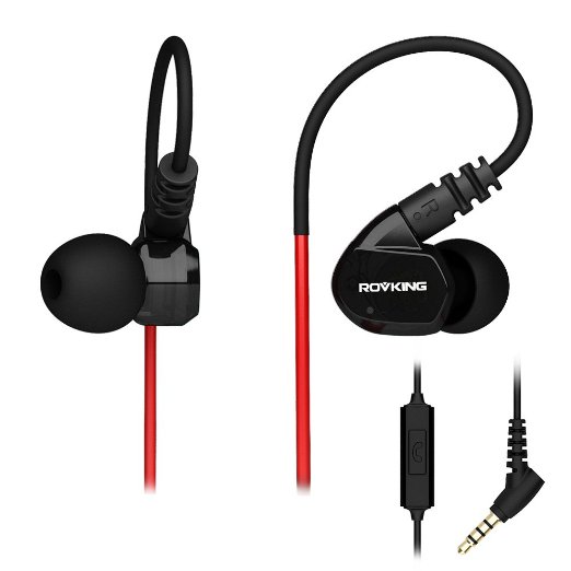 ROVKING Over Ear In Ear Noise Isolating Sweatproof Sport Headphones Earbuds Earphones with Remote and Mic Earhook Wired Stereo Workout Earpods for Running Jogging Gym for iPhone iPod Samsung (Black)