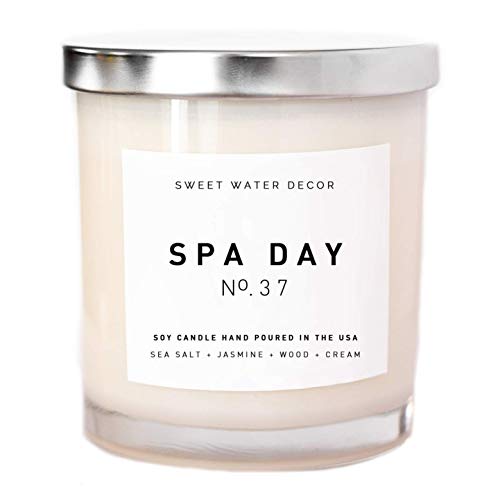 Spa Day Natural Soy Wax Candle White Jar Silver Lid Scented Summer Sea Salt Jasmine Wood Cream Bathroom Modern Rustic Home Decor Accessories Relaxation Made in USA Lead and Gluten Free Cotton Wick