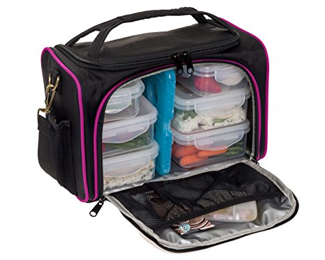 Meal Prep Bag by LISH - Insulated Lunch Box w/ 6 Portion Control Containers Black/Pink