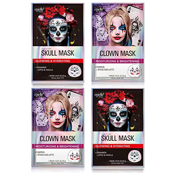 Epielle Character Sheet Masks - Clown Mask, Skull Mask - Korean Beauty Masks For All Skin Types (4pk) |Birthday Party Gift for her kids, Spa Day Party, Girls Night, Spa Night, Beauty Gift