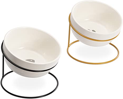 Navaris Tilted Pet Bowls with Stand (Set of 2) - Elevated Ceramic Cat Food Bowl Set for Cats and Small Dogs with Metal Wire Stands - Black and Gold