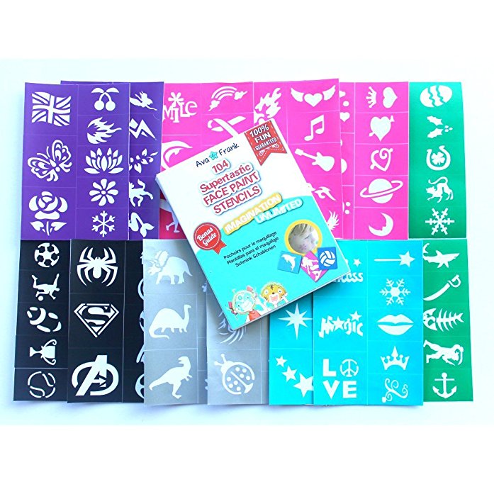 104 No Mess Foolproof Face & Body Paint Stencils – No Art Skills Required by Ava and Frank – For Boys and Girls, Kids Age 3 Up. Fab for Birthday Parties, Events, Halloween or as a Gift!